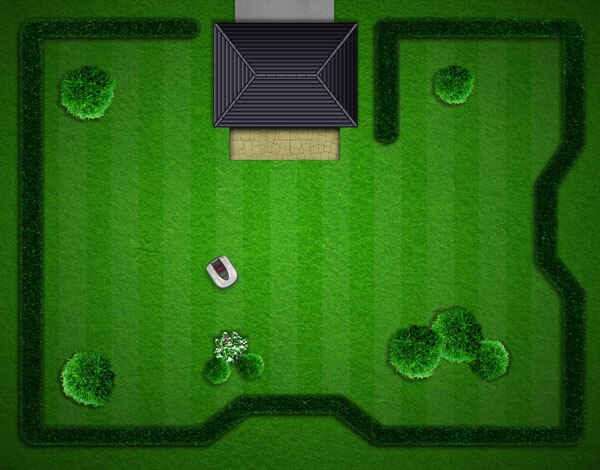 Sky view of a Honda Miimo in a backyard with bushes